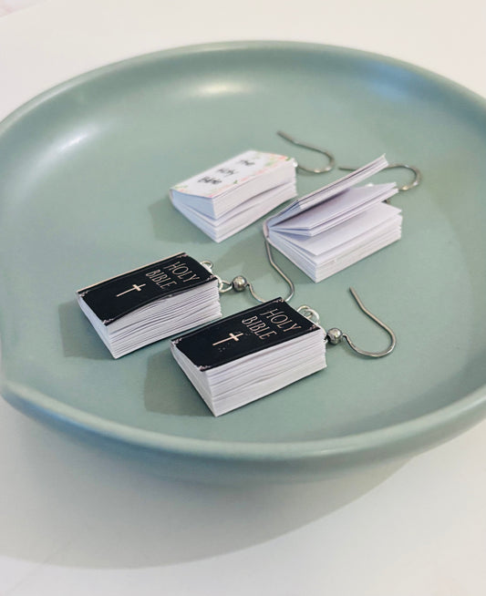 Mini Holy Bible Book Earrings – Real Blank Pages | Choose Cover Design & Hook Color