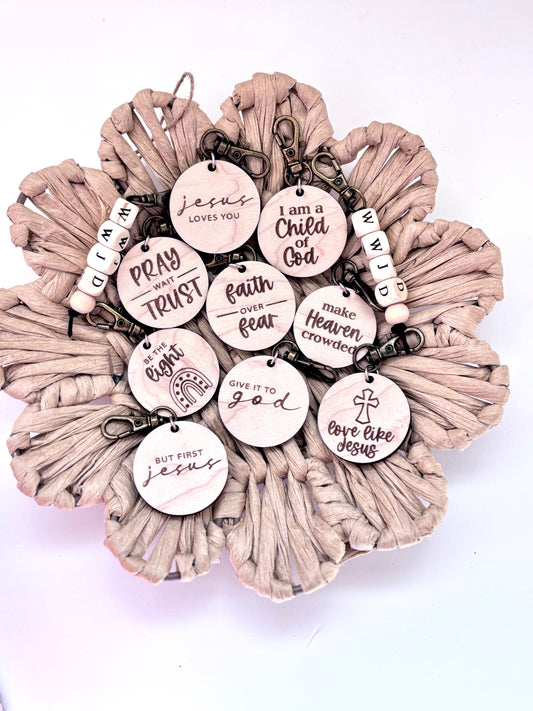 Macramé Wristlet Keychain with Engraved Wooden Charm – Christian Sayings or WWJD Bead