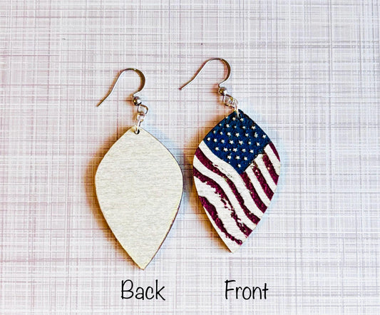 Rustic Tattered American Flag Earrings – Hand-Painted Wooden Patriotic Dangles