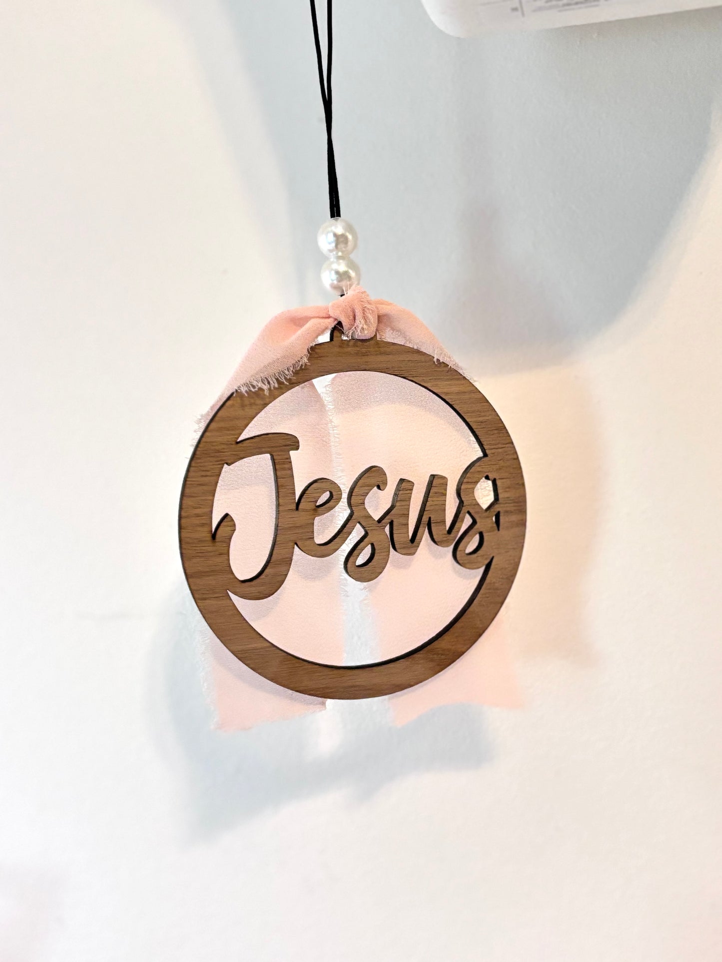 Jesus Car Charm | Christian Rearview Mirror Hanger | Faith Car Accessory with Ribbon and Beads | Rustic Southern Charm