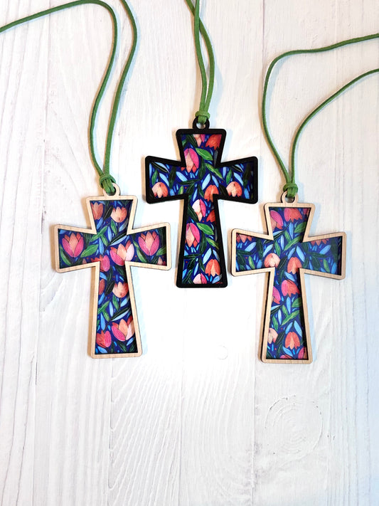 Wooden Cross Car Charm – Vibrant Tulips Rearview Mirror or Suncatcher Décor