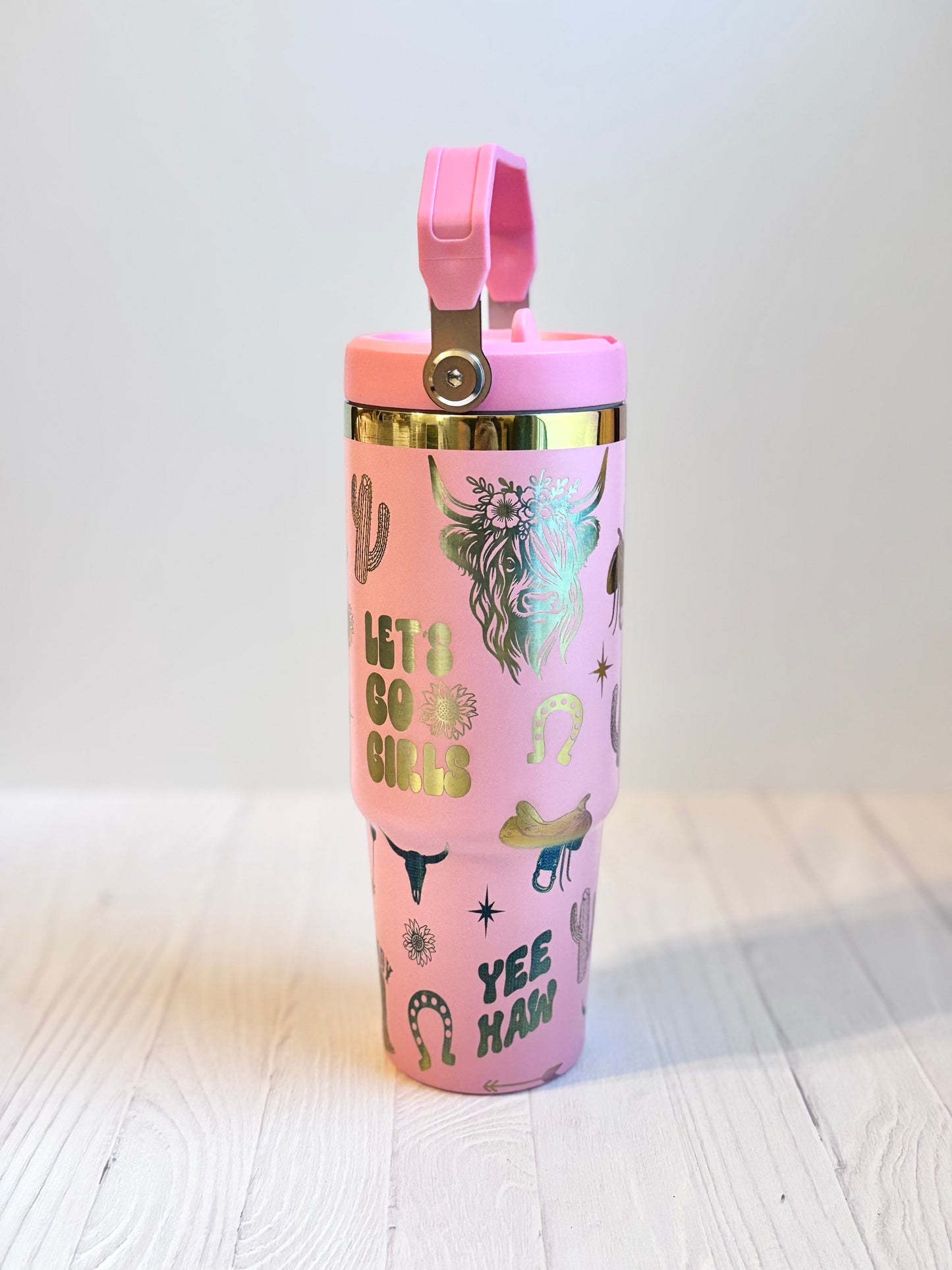 Pink 30 oz Country Western Tumbler – Full Wrap Engraved Design with Rainbow Reveal & Top Handle Lid