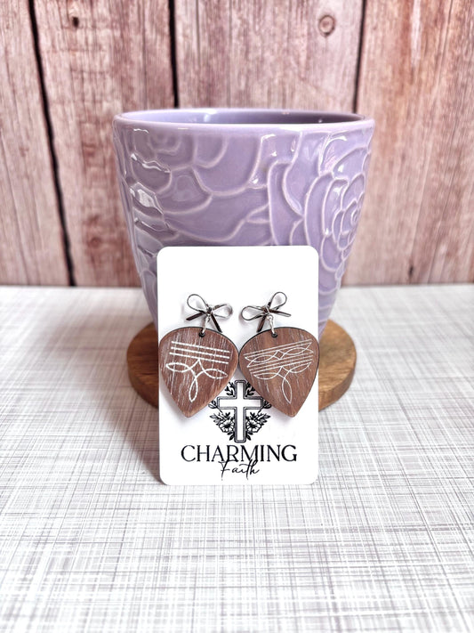 Western Guitar Pick Earrings – Hand-Painted with Boot Stitch Design and Bow Post Top