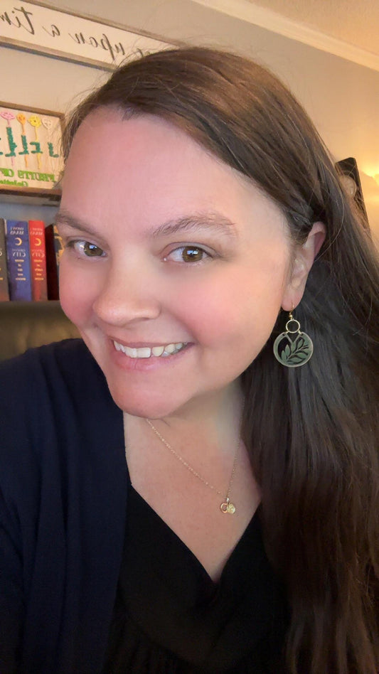 Olive Green Boho Leaf Earrings Hand Painted – Wooden Circle Dangles with Nature-Inspired Cutout