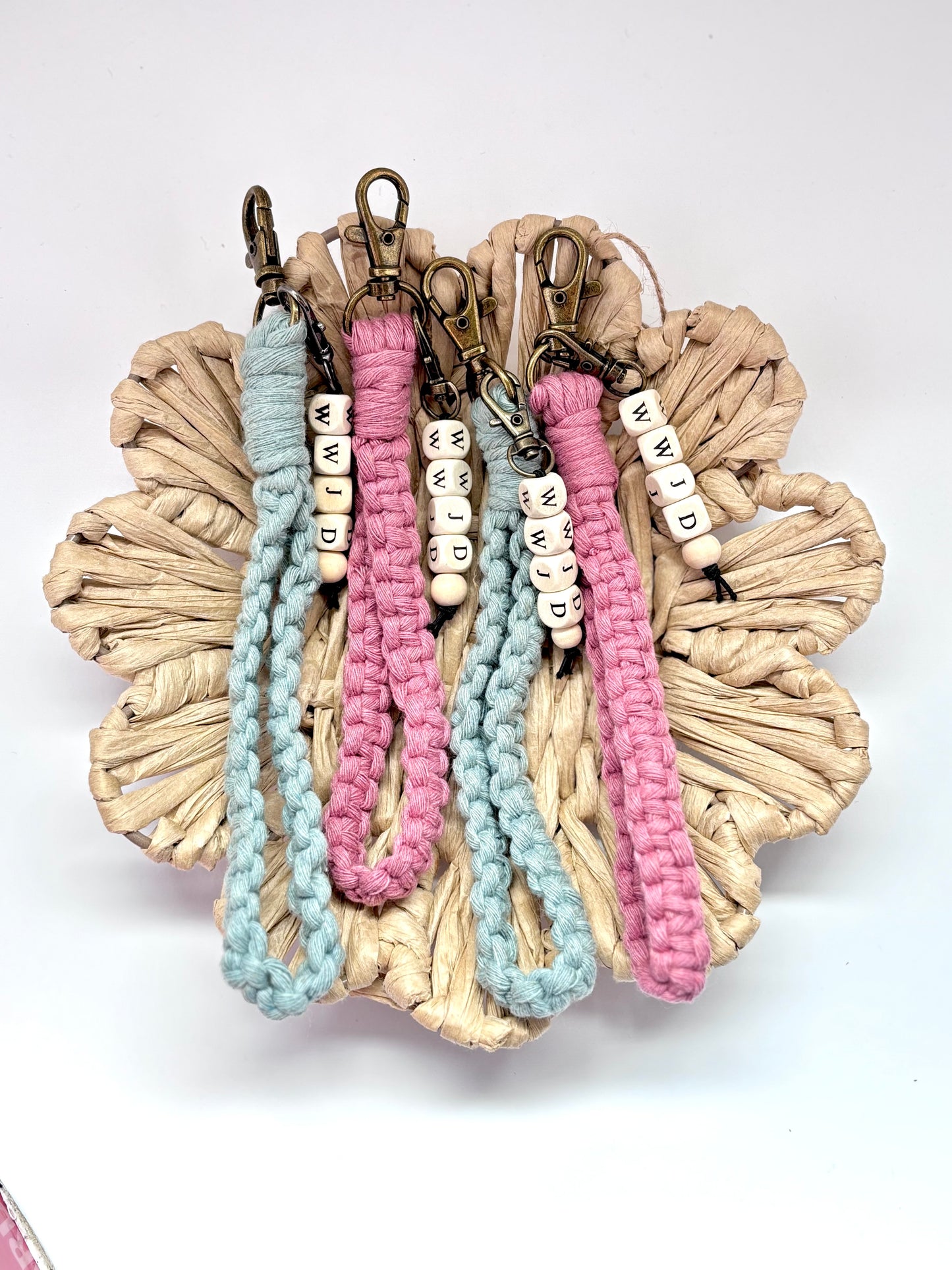 Macramé Wristlet Keychain with Engraved Wooden Charm – Christian Sayings or WWJD Bead