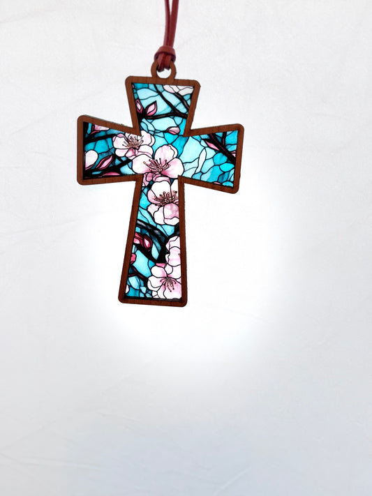 Wooden Cross Car Charm – Cherry Blossom Rearview Mirror or Suncatcher Décor