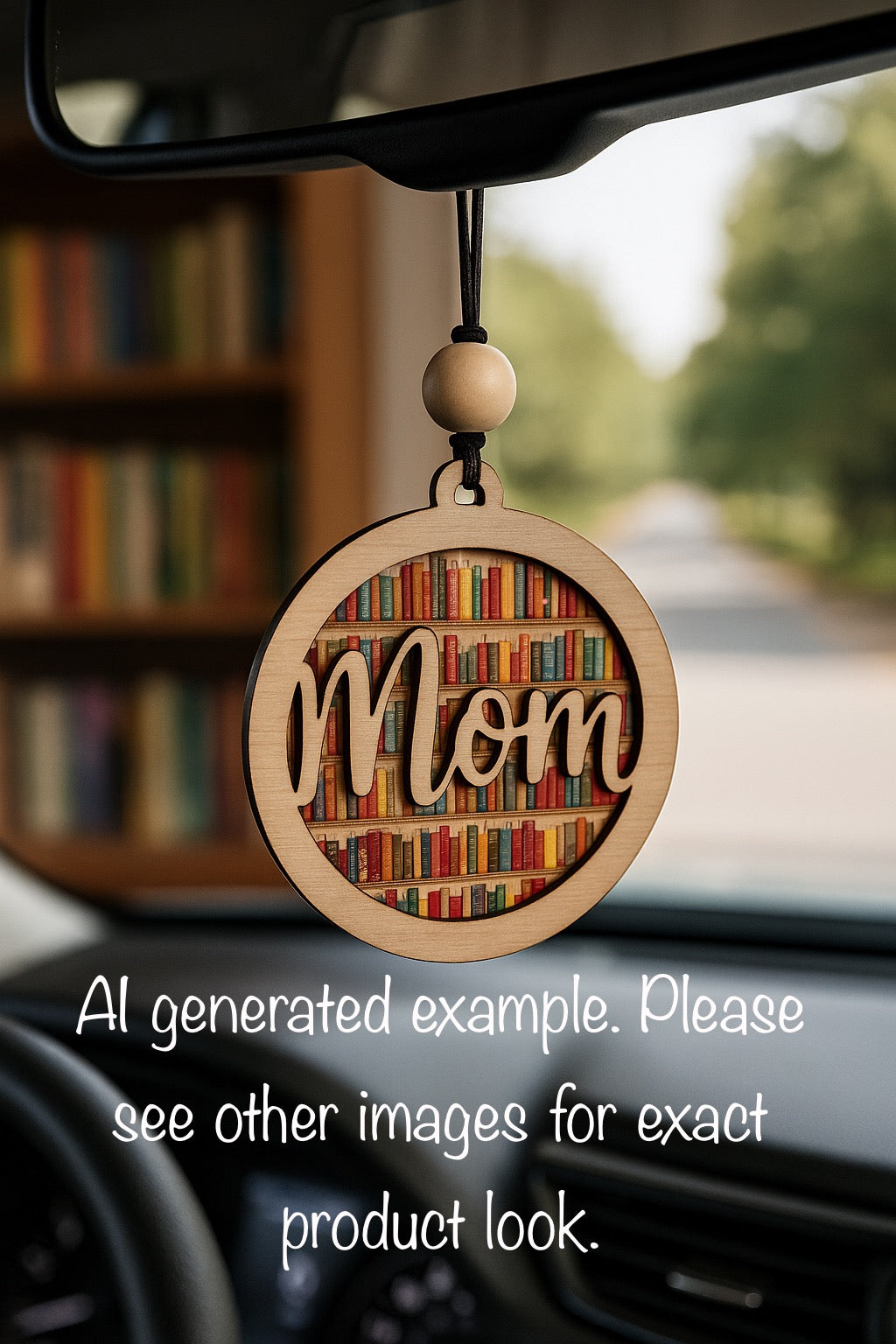 “Mom” Bookshelf Car Charm – Laser-Cut Wooden Ornament for Book-Loving Moms