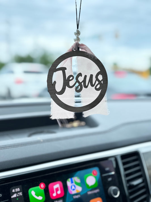 Jesus Car Charm | Christian Rearview Mirror Hanger | Faith Car Accessory with Ribbon and Beads | Rustic Southern Charm