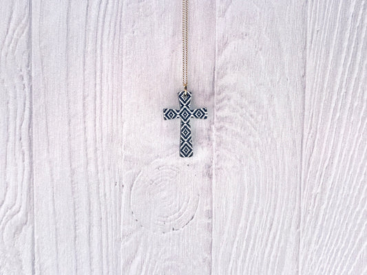 Gold Cross Necklace – Black & White Geometric Design