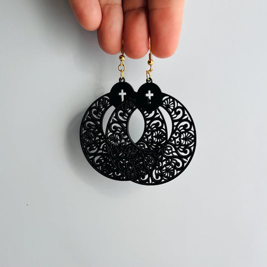 Navy Blue Scroll Cross Earrings – 2" Lightweight Faith-Inspired Statement Jewelry