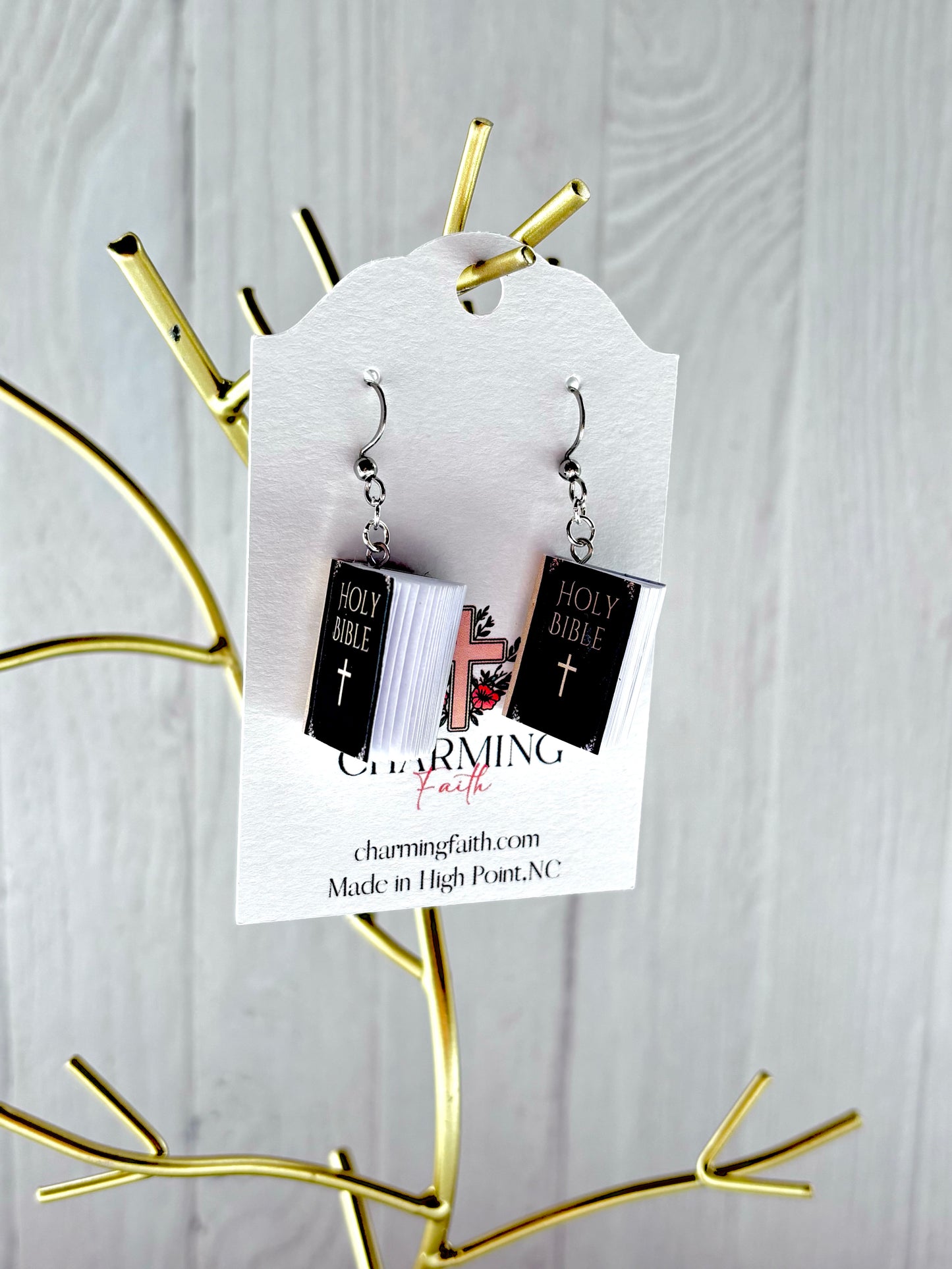 Mini Holy Bible Book Earrings – Real Blank Pages | Choose Cover Design & Hook Color