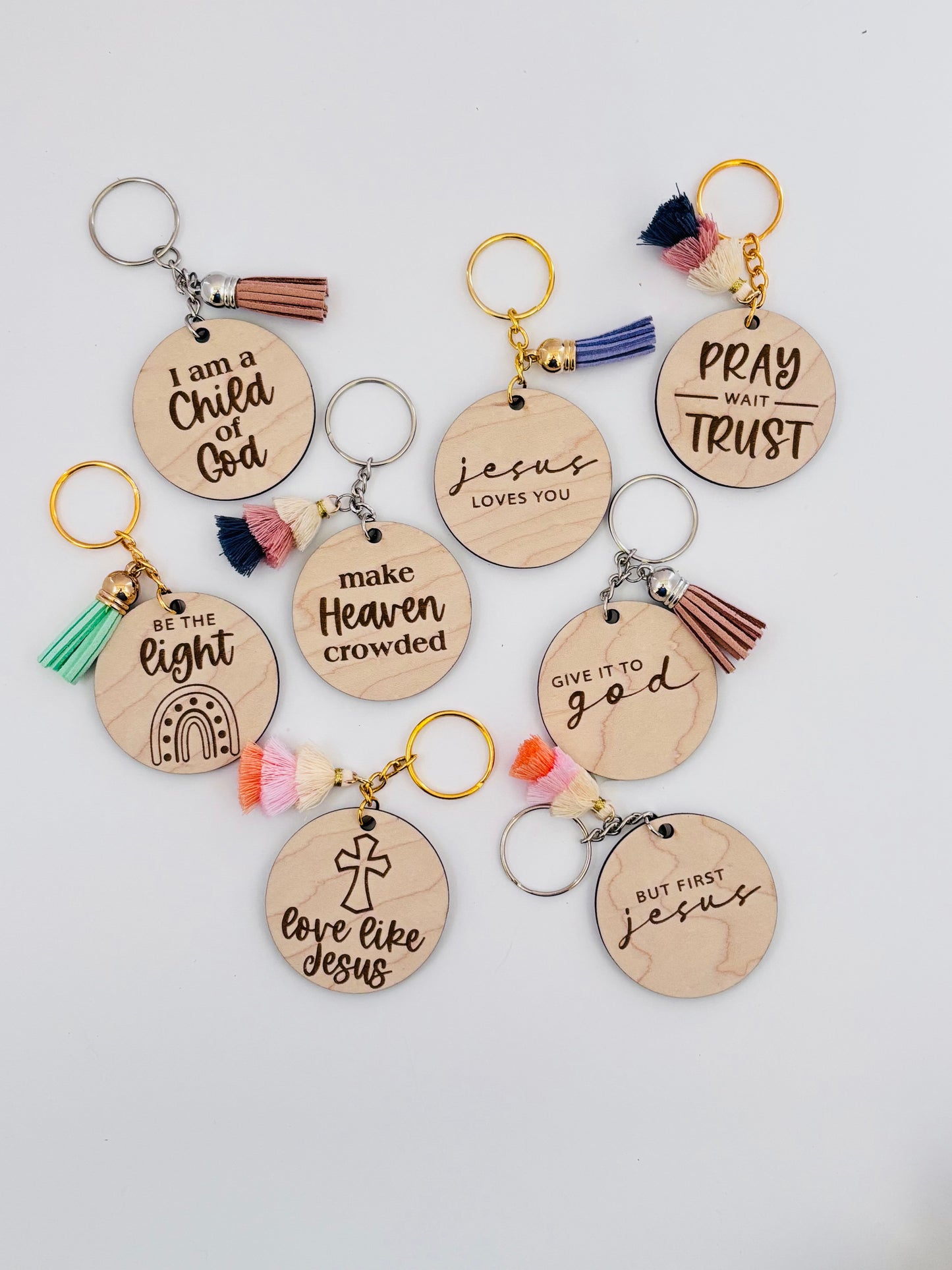 Faith-Inspired Maple Keychains – Engraved with Encouraging Christian Sayings + Pastel Tassels