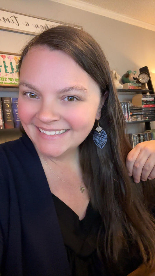 Navy Blue Teardrop Earrings – Intricate Cutout Design with Walnut Top