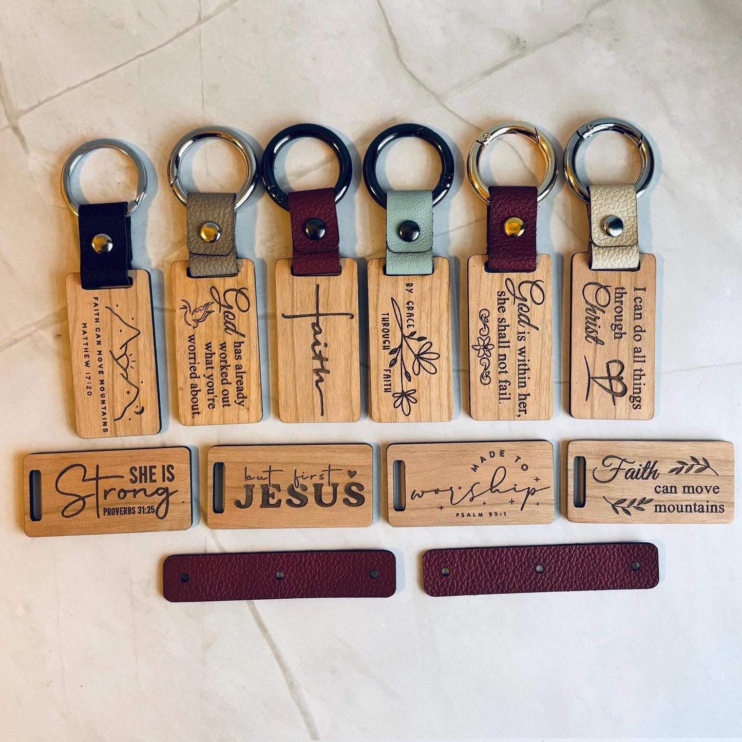 Personalized Wood and Leather Keychain- Engraved Bible Verse Keychain, Faith Gift for Men & Women, Personalized Scripture Keyring, Religious