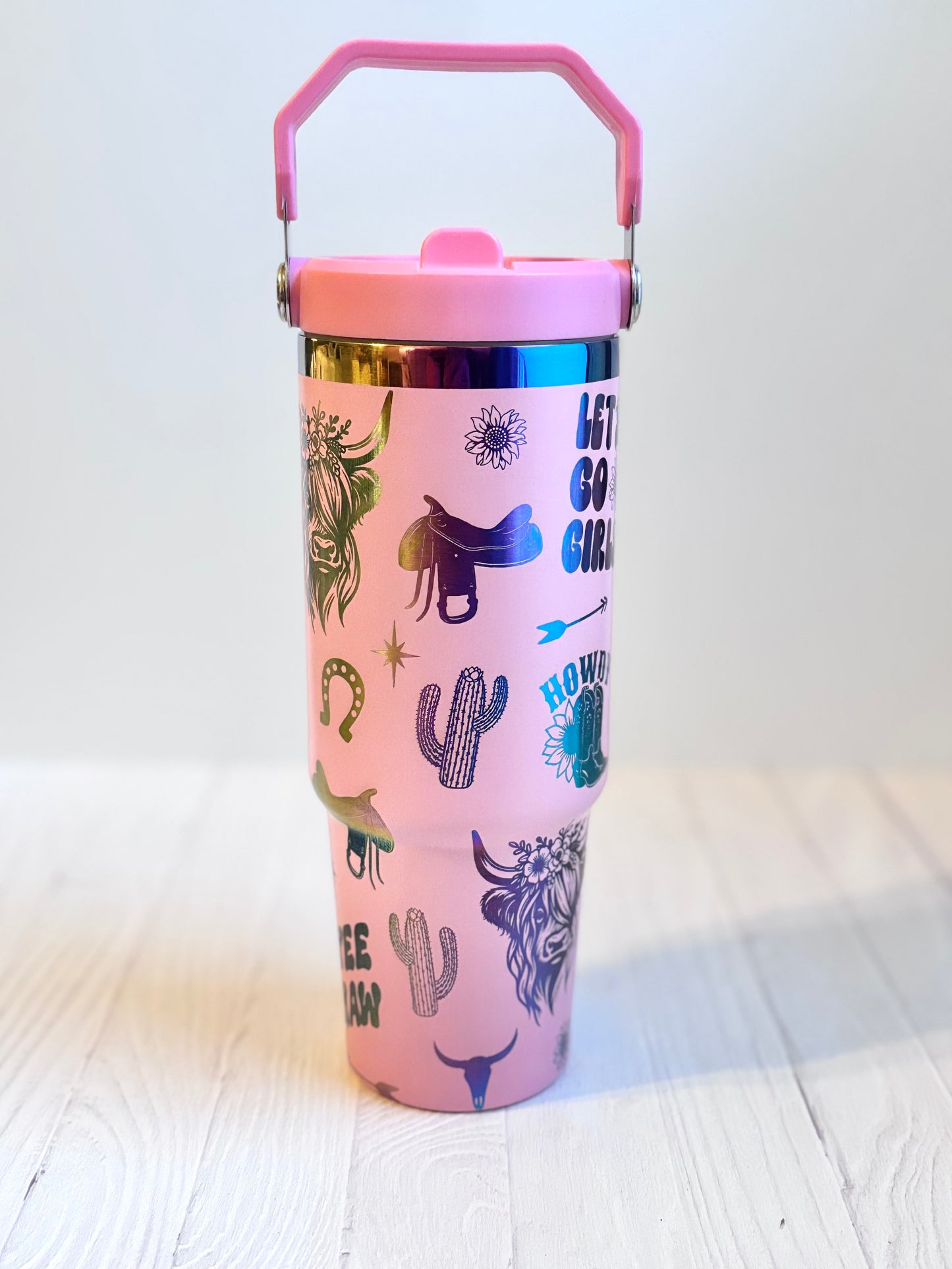 Pink 30 oz Country Western Tumbler – Full Wrap Engraved Design with Rainbow Reveal & Top Handle Lid