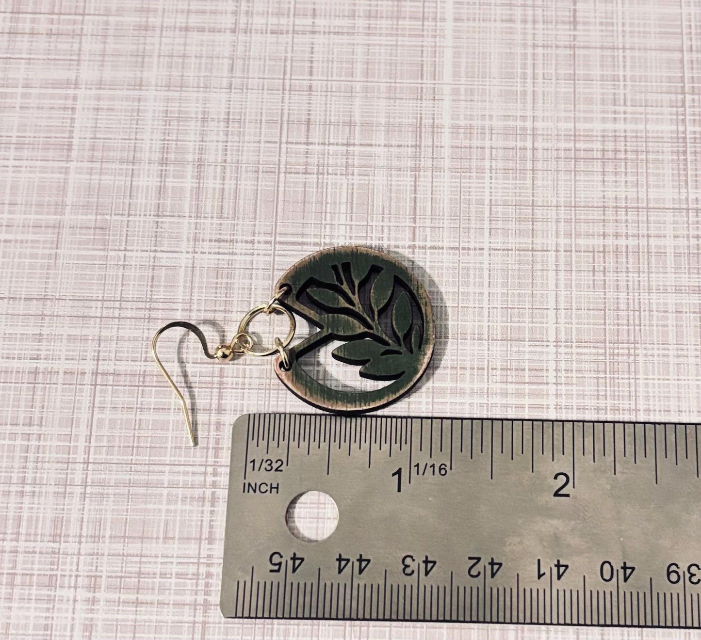 Olive Green Boho Leaf Earrings Hand Painted – Wooden Circle Dangles with Nature-Inspired Cutout