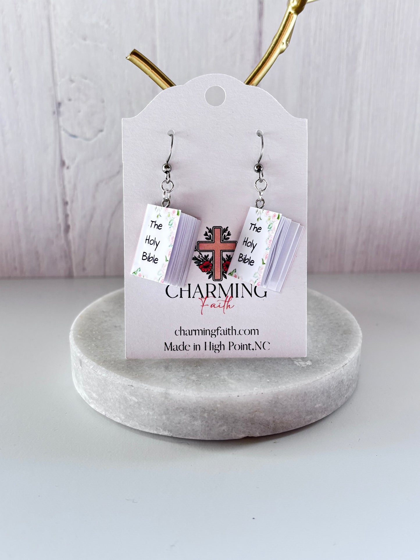 Mini Holy Bible Book Earrings – Real Blank Pages | Choose Cover Design & Hook Color
