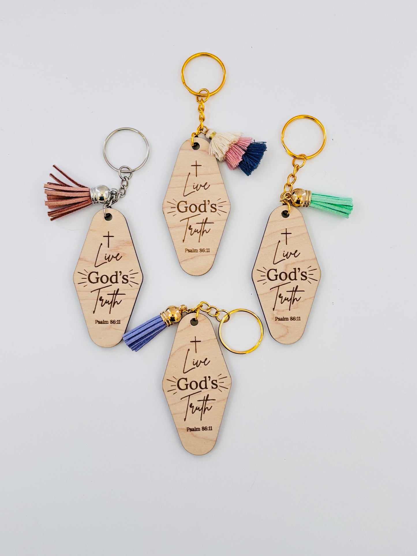 “Live God’s Truth” Maple Wood Keychain – Vintage Motel Style with Pastel Tassel