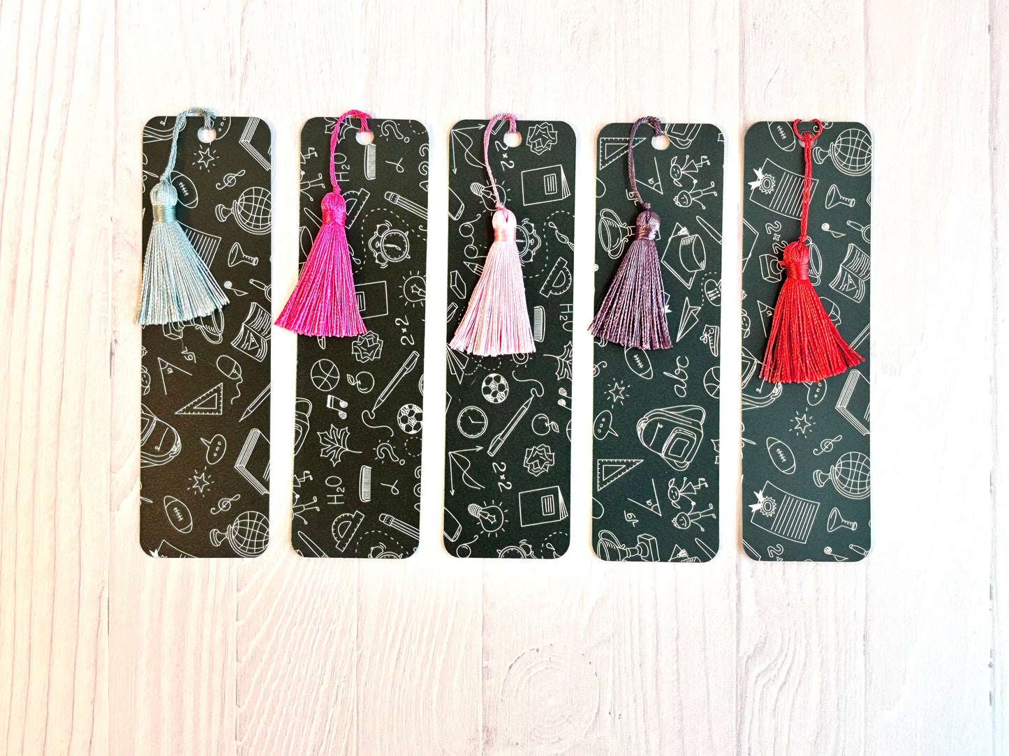 School Spirit Bookmark – Black Flexible with White Designs & Tassel