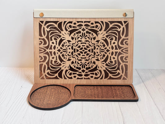 Elegant Cherry Wood Book Valet – Intricate Scroll Design with Leather & Storage