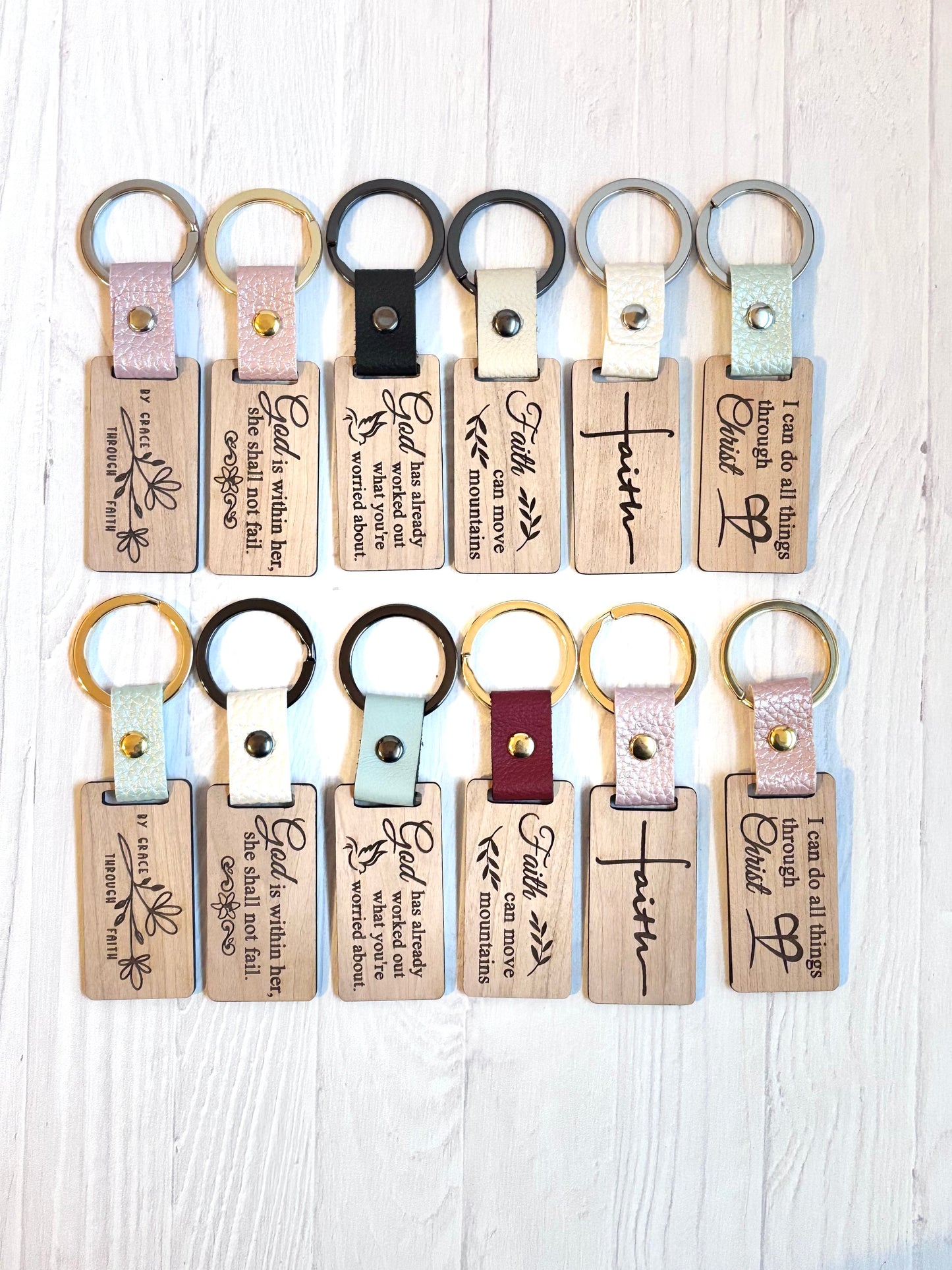 Engraved Cherry Wood Christian Keychains – Faith Sayings with Leather Strap & Metal Ring