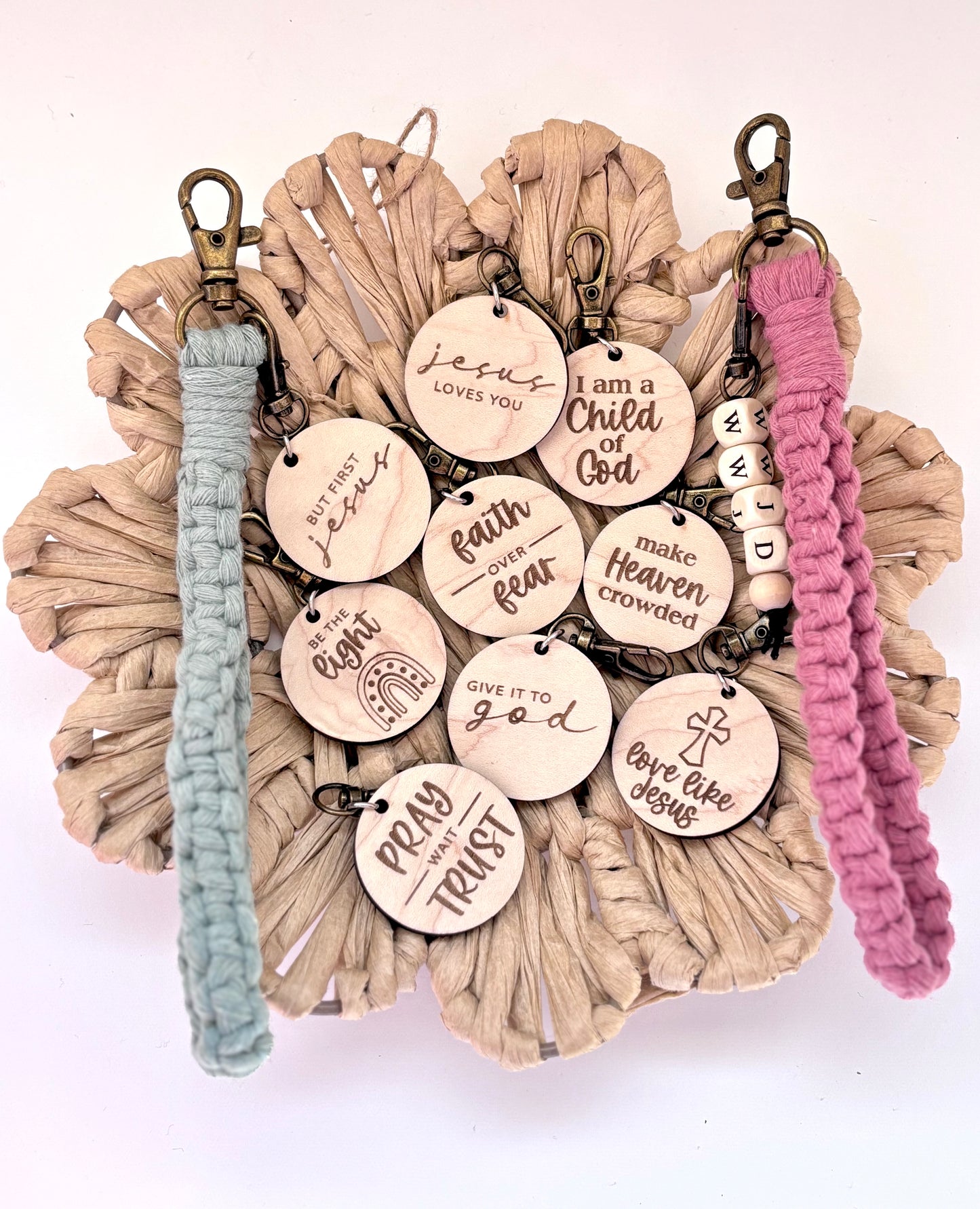 Macramé Wristlet Keychain with Engraved Wooden Charm – Christian Sayings or WWJD Bead