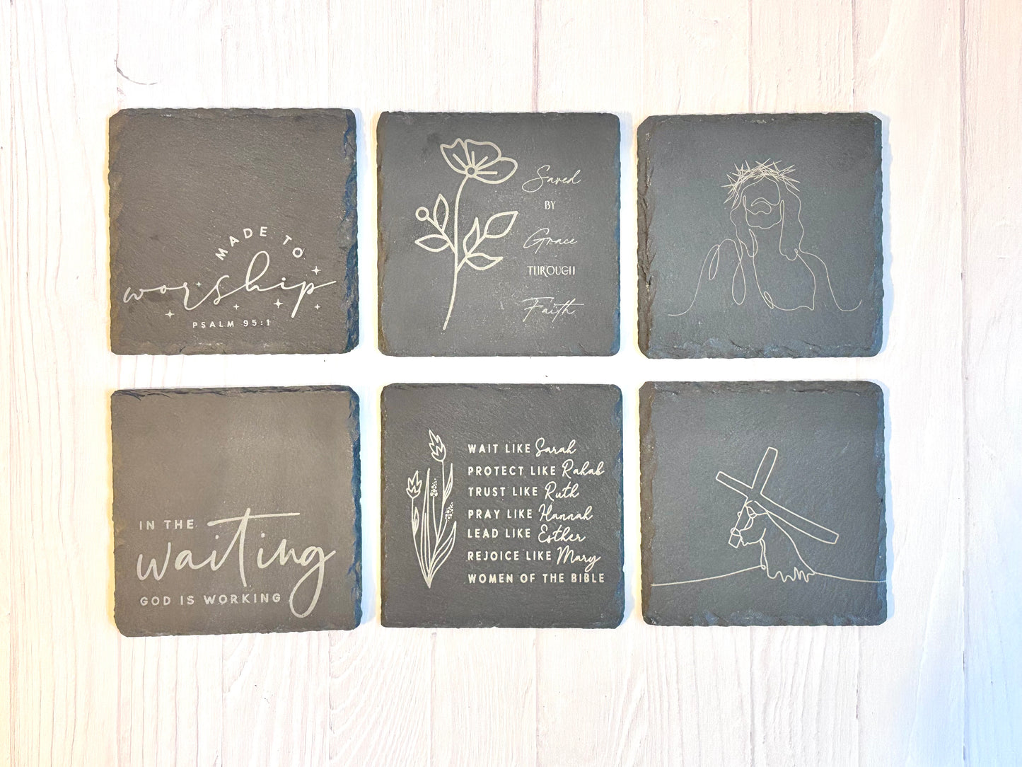 Laser Engraved Christian Slate Coasters – 4” Faith-Inspired Designs & Scripture Sayings