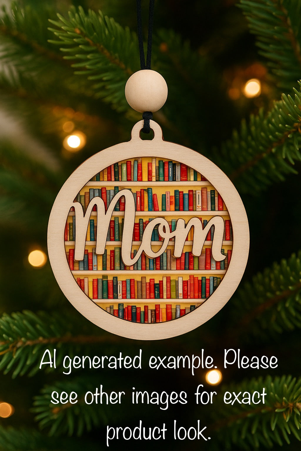 “Mom” Bookshelf Car Charm – Laser-Cut Wooden Ornament for Book-Loving Moms