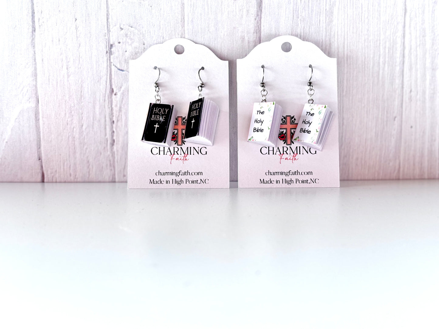 Mini Holy Bible Book Earrings – Real Blank Pages | Choose Cover Design & Hook Color