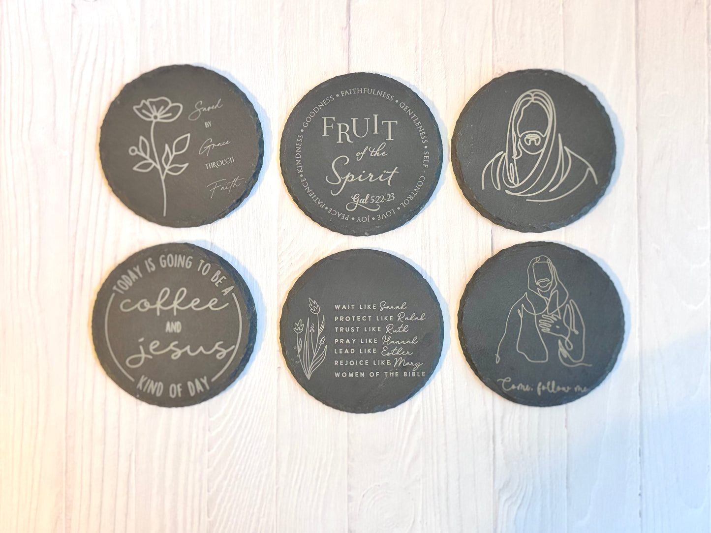 Laser Engraved Christian Round Slate Coasters – 4” Circular Faith Sayings & Jesus Line Art