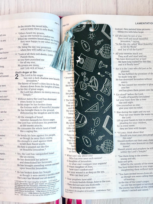 School Spirit Bookmark – Black Flexible with White Designs & Tassel