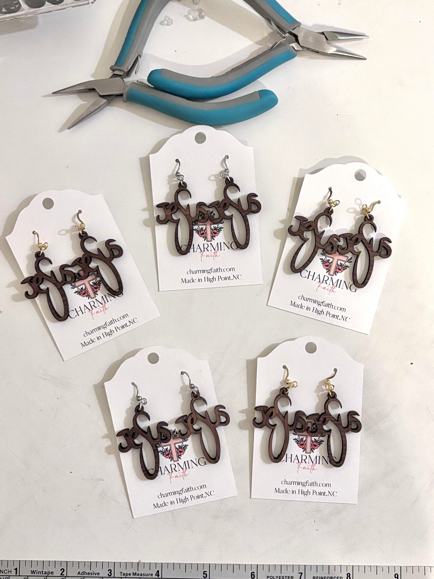 Jesus Script Wooden Earrings – Walnut Christian Statement Jewelry