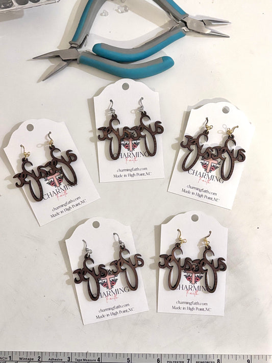 Jesus Script Wooden Earrings – Walnut Christian Statement Jewelry