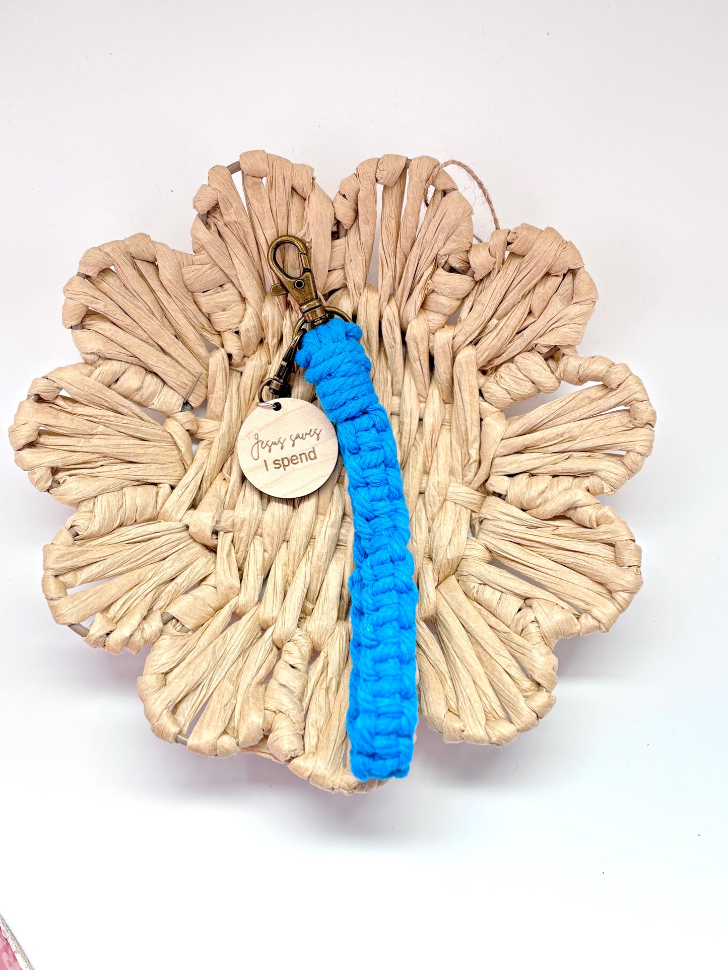 Macramé Wristlet Keychain with Engraved Wooden Charm – Christian Sayings or WWJD Bead