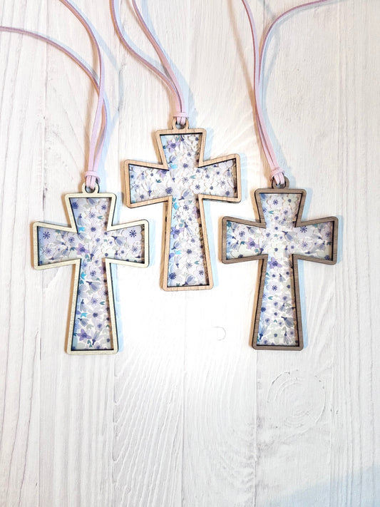 Wooden Cross Car Charm – Purple Flowers Rearview Mirror or Suncatcher Décor