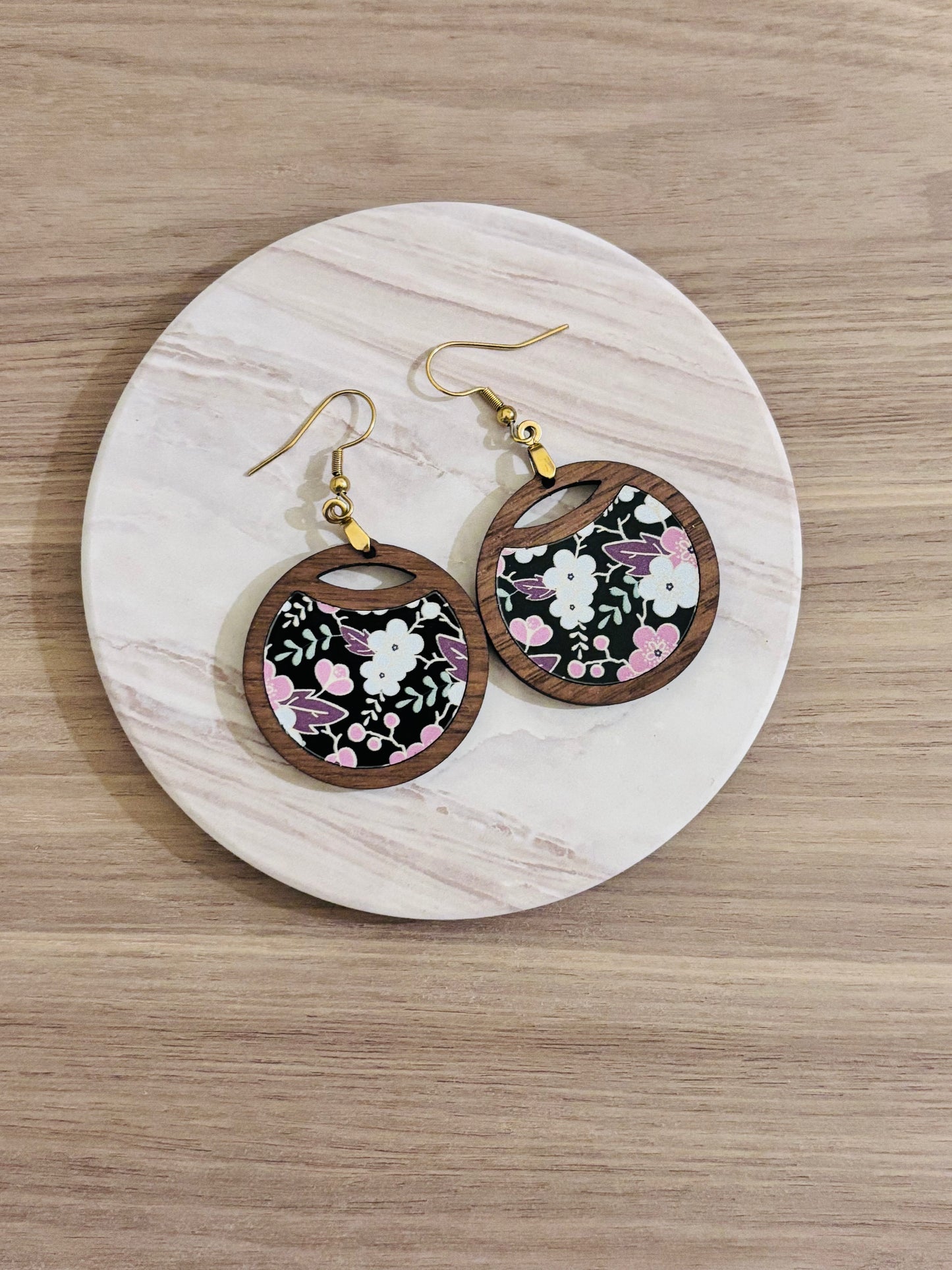 Handmade Floral Earrings – Acrylic Inlay & Walnut Wood Botanical Jewelry