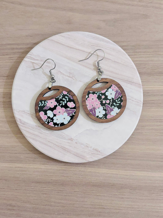 Handmade Floral Earrings – Acrylic Inlay & Walnut Wood Botanical Jewelry