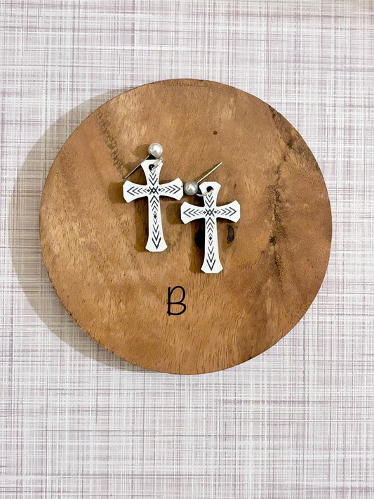 Aztec Cross Earrings with Pearl Tops – Handmade Christian Statement Jewelry
