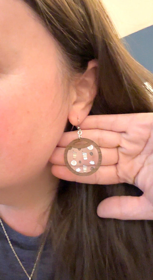 Coffee Lover Earrings – Lightweight Walnut Circle with Clear Center and Coffee Cup Design