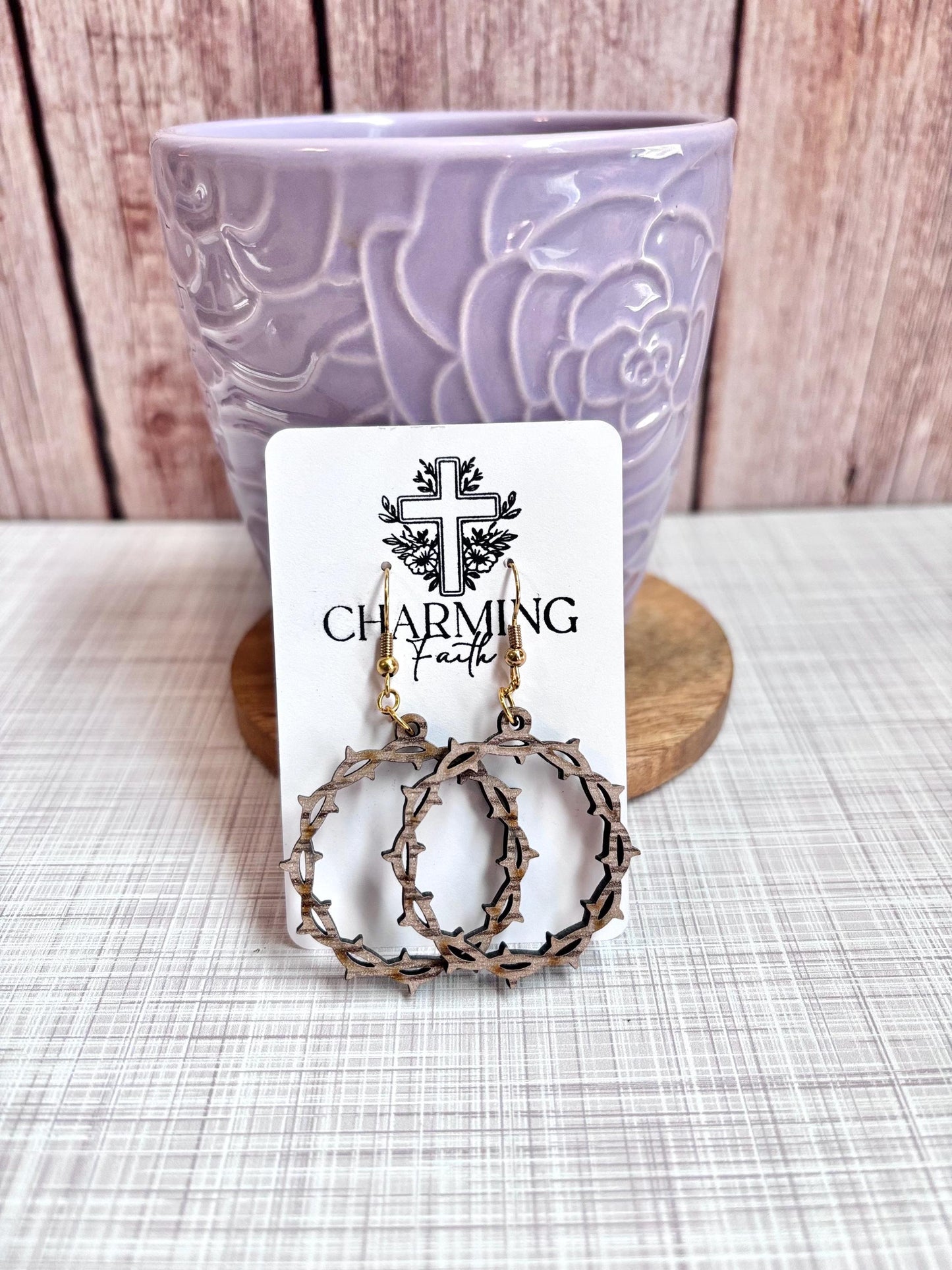 Crown of Thorns Wooden Earrings – Handmade Walnut Christian Jewelry