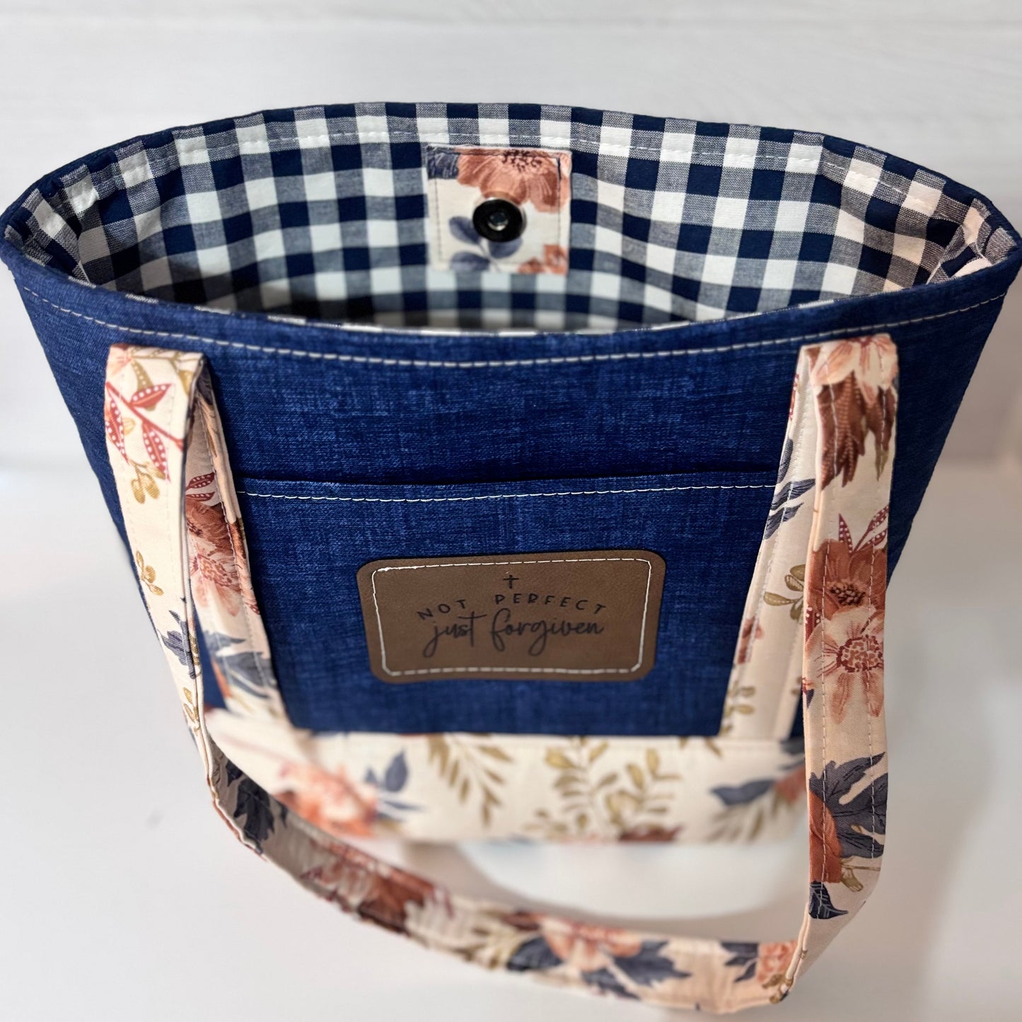 Christian Bible Tote Bag – Faith Message Faux Leather Patch