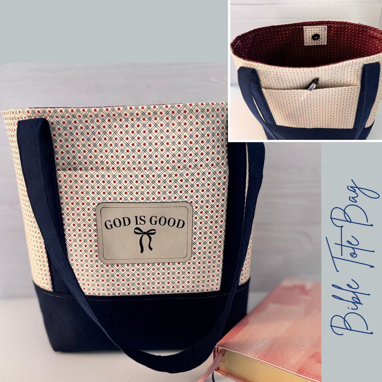 Christian Bible Tote Bag – Faith Message Faux Leather Patch