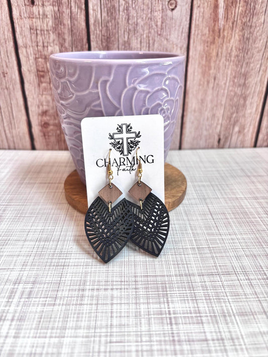 Navy Blue Teardrop Earrings – Intricate Cutout Design with Walnut Top