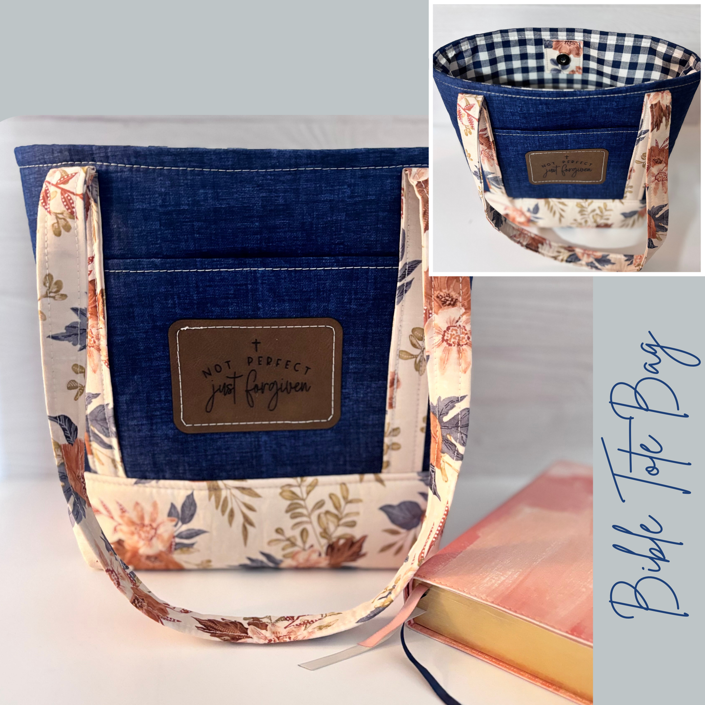 Christian Bible Tote Bag – Faith Message Faux Leather Patch