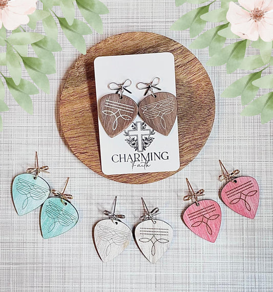 Western Guitar Pick Earrings – Hand-Painted with Boot Stitch Design and Bow Post Top