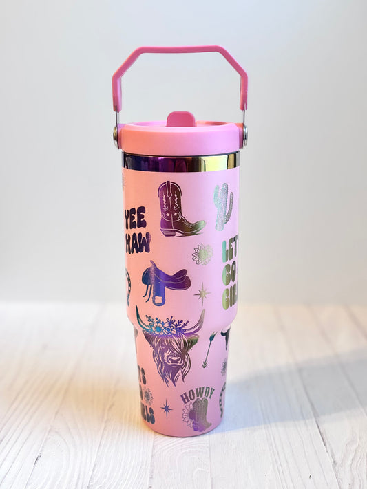 Pink 30 oz Country Western Tumbler – Full Wrap Engraved Design with Rainbow Reveal & Top Handle Lid