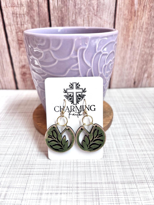 Olive Green Boho Leaf Earrings Hand Painted – Wooden Circle Dangles with Nature-Inspired Cutout