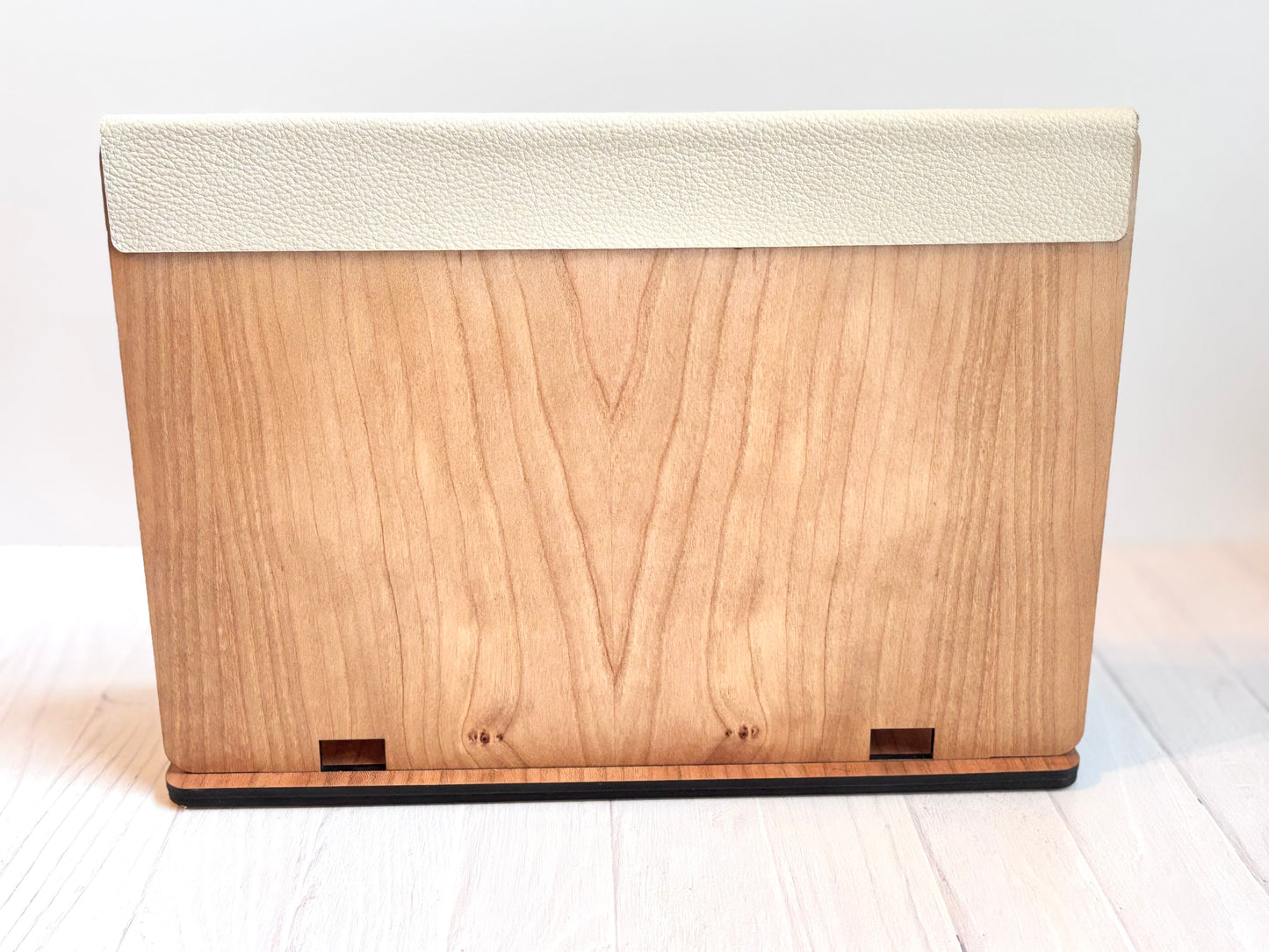 Elegant Cherry Wood Book Valet – Intricate Scroll Design with Leather & Storage