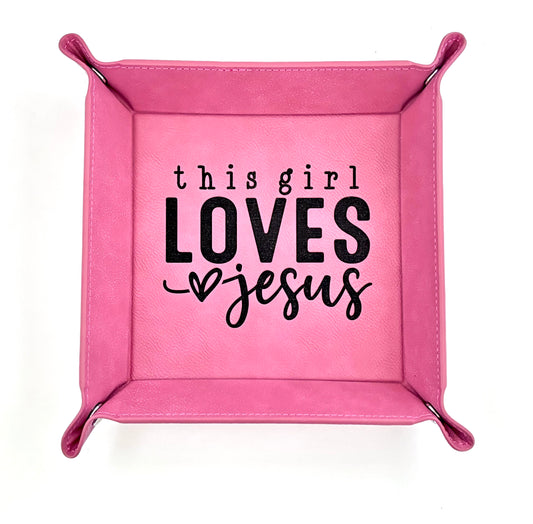 Pink Faux Leather Jewelry Tray – “This Girl Loves Jesus” | Christian Gift for Women