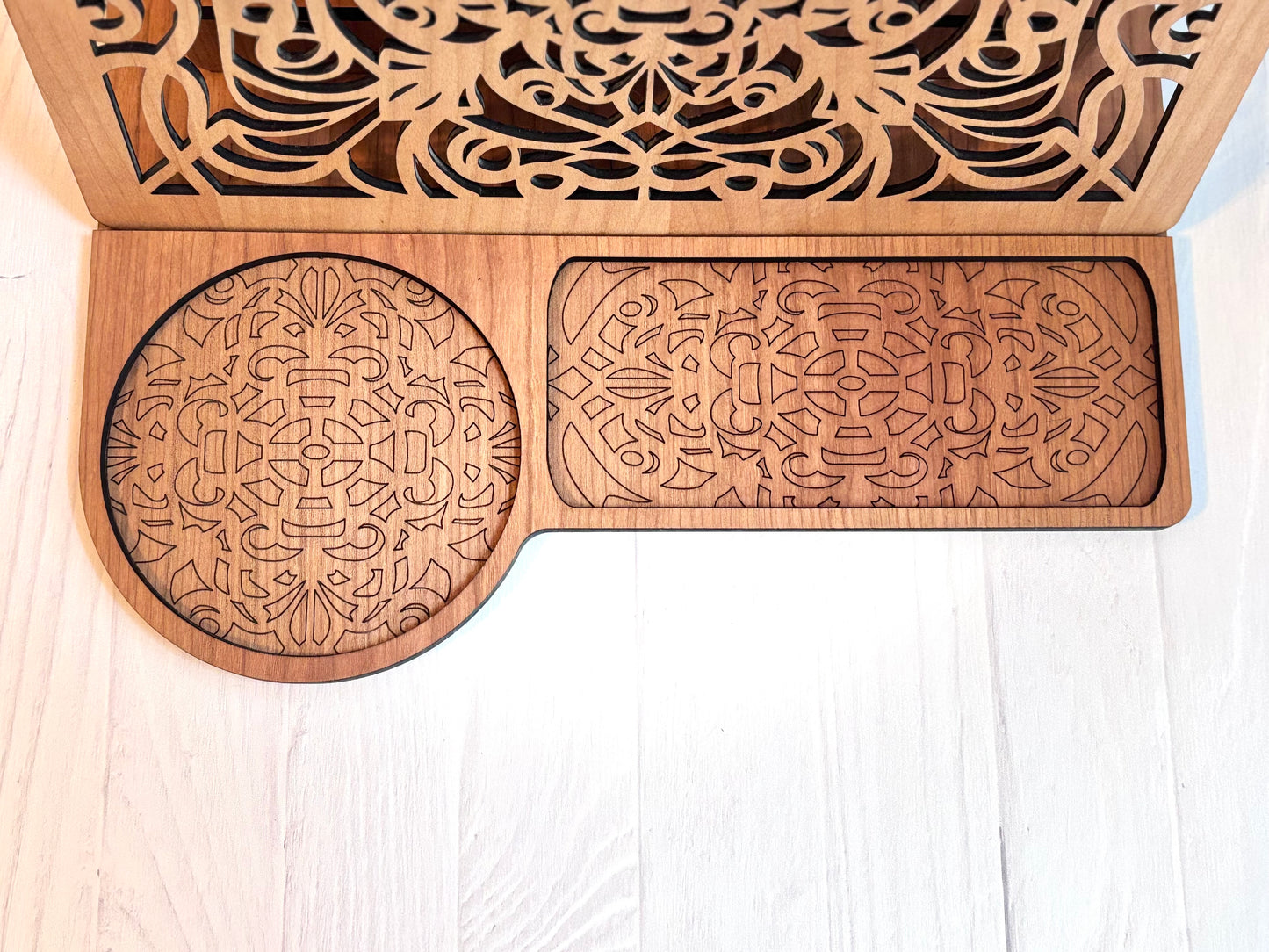 Elegant Cherry Wood Book Valet – Intricate Scroll Design with Leather & Storage